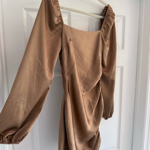 EMORY PARK Bronze Brown Satin Slinky Cinch Side Mini Dress Long Sleeve S - Picture 8 of 10